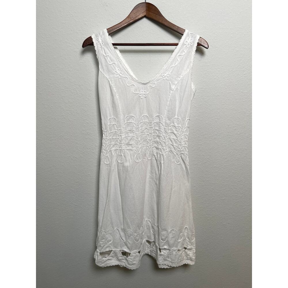 Blanco White Cotton Boho Sundress Women’s Small Sleeveless Embroidered Dress